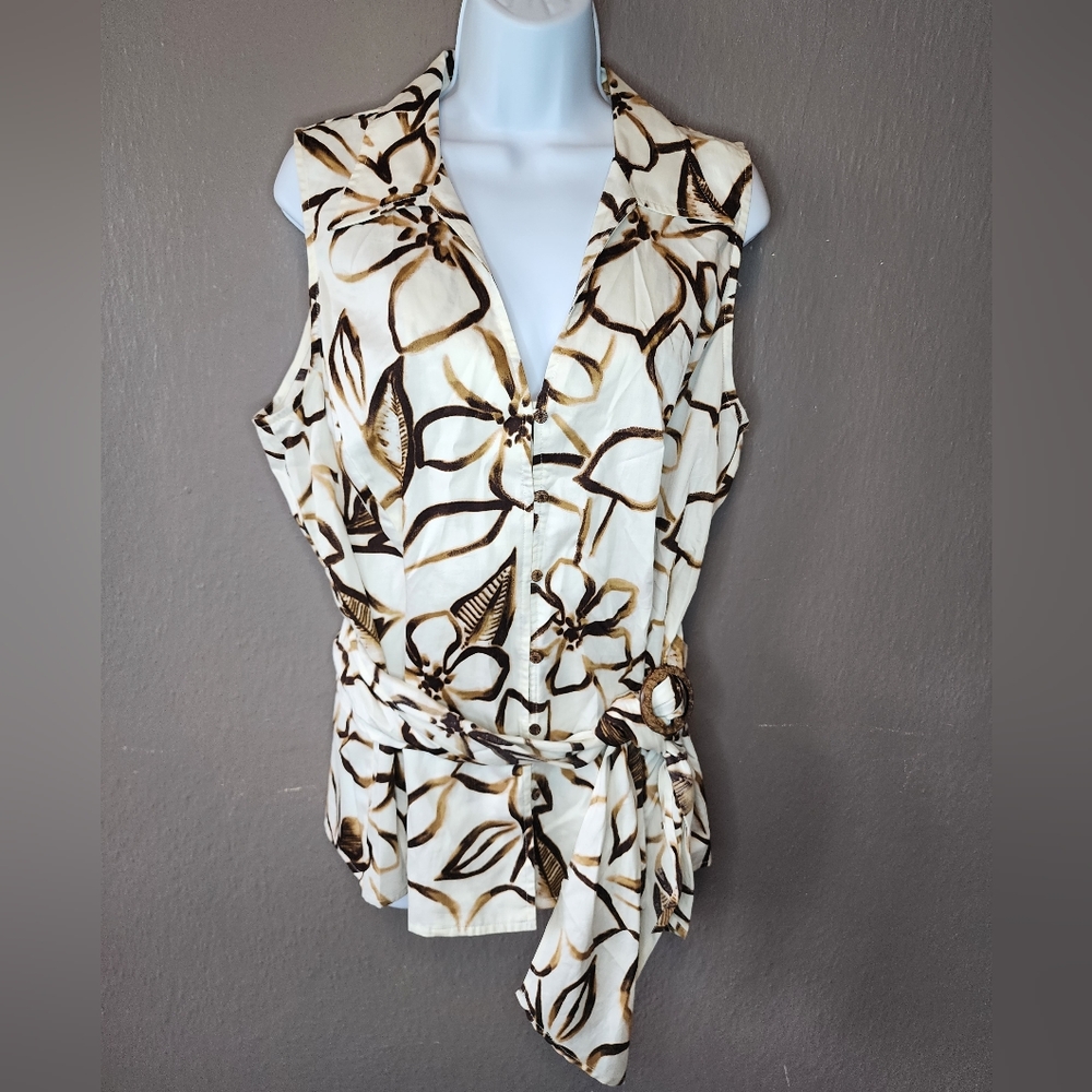 Jones New York Sleeveless White Button Up Brown Brushed Floral Mock Belt